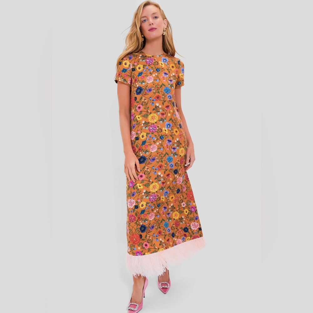 La Double J Swing Dress in Botticelli Rust in Silk Twill With Feathers